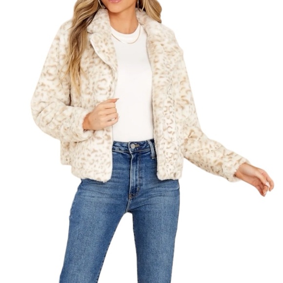 Andree By Unit SNOW LEOPARD PRINT PLUSH FAUX FUR SHERPA FULL ZIP JACKET Sz Large - Picture 2 of 8